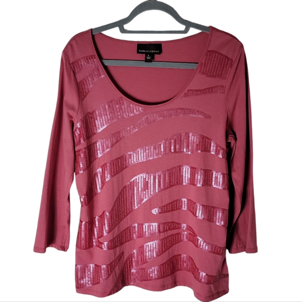 Dana Buchman women's coral sequin scoop neck 3/4 sleeve top metallic size large